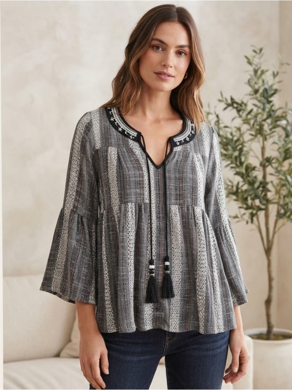 Altar'd State Boho Woven Jacquard Bell Sleeve Tie Neck Tunic Top Small